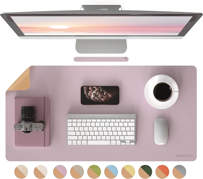 RENMTURE Dual - Sided Large Desk Pad, Faux Leather Natural Cork Mouse pad, Desk Accessories Protector, for Office and Home Work (Dusky Pink, 32"x16") | Desk Pads Blotters - TrueDesk