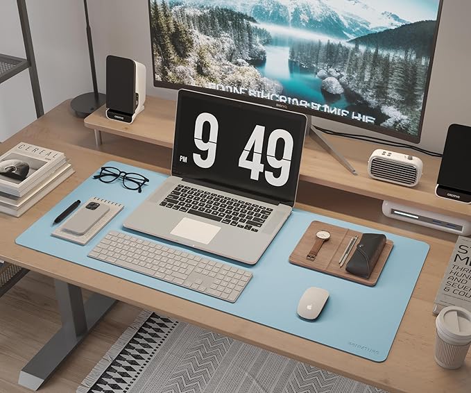 RENMTURE Dual - Sided Large Desk Pad, Faux Leather Natural Cork Mouse pad, Desk Accessories Protector, for Office and Home Work (Light Blue, 23.6" x 13.7") | Desk Pads Blotters - TrueDesk