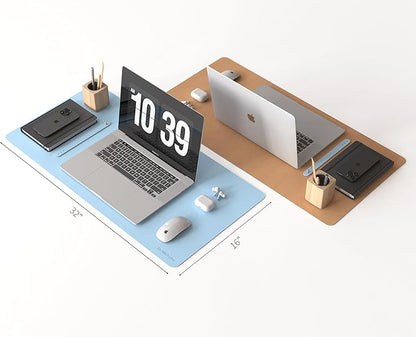 RENMTURE Dual - Sided Large Desk Pad, Faux Leather Natural Cork Mouse pad, Desk Accessories Protector, for Office and Home Work (Light Blue, 32"x16") | Desk Pads Blotters - TrueDesk