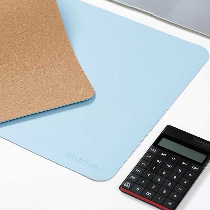 RENMTURE Dual - Sided Large Desk Pad, Faux Leather Natural Cork Mouse pad, Desk Accessories Protector, for Office and Home Work (Light Blue, 32"x16") | Desk Pads Blotters - TrueDesk