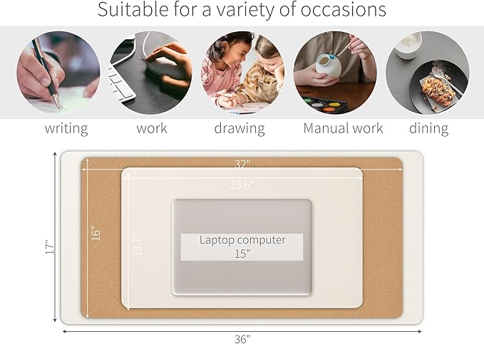 RENMTURE Dual - Sided Large Desk Pad, Faux Leather Natural Cork Mouse pad, Desk Accessories Protector, for Office and Home Work (Off - White, 32"x16") | Desk Pads Blotters - TrueDesk