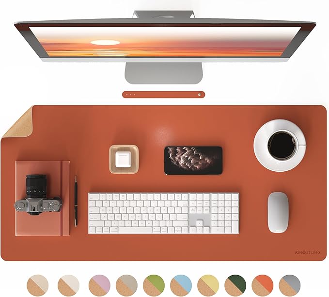 RENMTURE Dual - Sided Large Desk Pad, Faux Leather Natural Cork Mouse pad, Desk Accessories Protector, for Office and Home Work (Orange,36"x17") | Desk Pads Blotters - TrueDesk