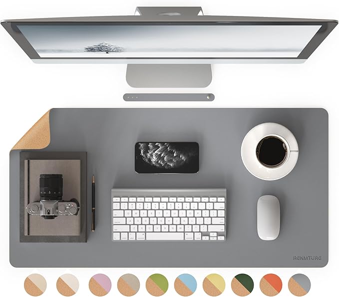 RENMTURE Dual - Sided Large Desk Pad, Faux Leather Natural Cork Mouse pad, Desk Accessories Protector, for Office and Home Work (Space Grey, 32"x16") | Desk Pads Blotters - TrueDesk