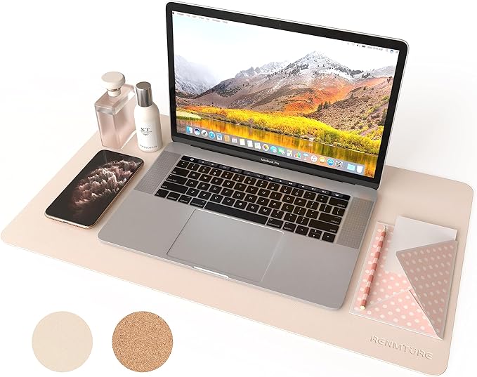 RENMTURE Dual - Sided Mouse Pad, Natural Cork & PU Leather Large Desk Pad for Office and Home Work, Desk Protector Non - Slip, Waterproof, Easy Clean (Apricot, 23.6" x 13.7") | Mouse Pads - TrueDesk