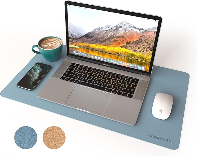 RENMTURE Dual - Sided Mouse Pad, Natural Cork & PU Leather Large Desk Pad for Office and Home Work, Desk Protector Non - Slip, Waterproof, Easy Clean (Blue Gray, 23.6" x 13.7") | Mouse Pads - TrueDesk