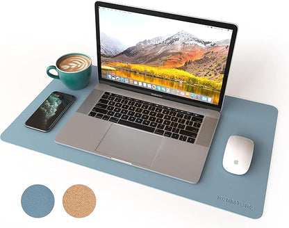 RENMTURE Dual - Sided Mouse Pad, Natural Cork & PU Leather Large Desk Pad for Office and Home Work, Desk Protector Non - Slip, Waterproof, Easy Clean (Blue Gray, 23.6" x 13.7") | Mouse Pads - TrueDesk