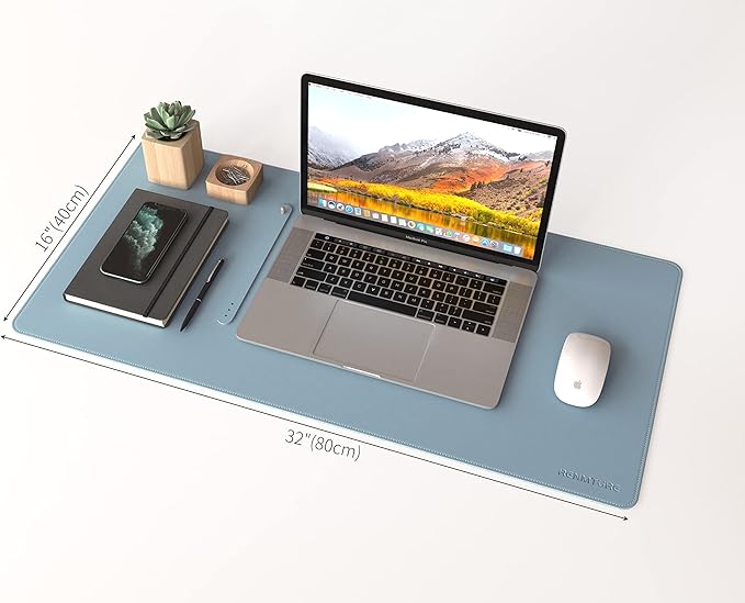 RENMTURE Dual - Sided Mouse Pad, Natural Cork & PU Leather Large Desk Pad for Office and Home Work, Desk Protector Non - Slip, Waterproof, Easy Clean (Blue Gray, 32"x16") | Mouse Pads - TrueDesk