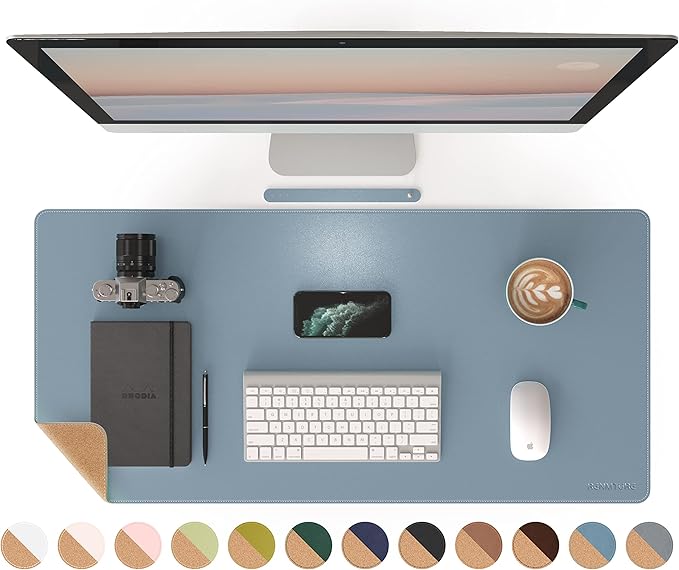 RENMTURE Dual - Sided Mouse Pad, Natural Cork & PU Leather Large Desk Pad for Office and Home Work, Desk Protector Non - Slip, Waterproof, Easy Clean (Blue Gray, 36"x17") | Mouse Pads - TrueDesk