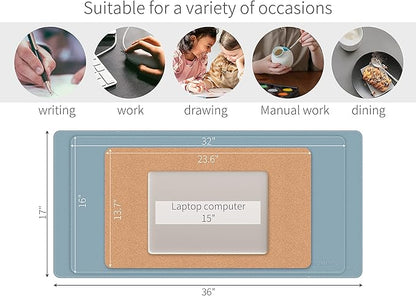RENMTURE Dual - Sided Mouse Pad, Natural Cork & PU Leather Large Desk Pad for Office and Home Work, Desk Protector Non - Slip, Waterproof, Easy Clean (Blue Gray, 36"x17") | Mouse Pads - TrueDesk