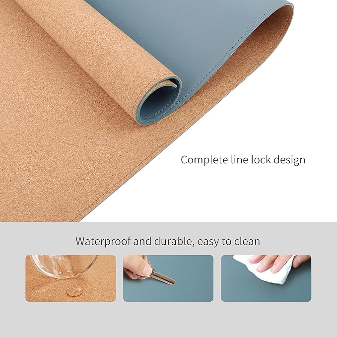 RENMTURE Dual - Sided Mouse Pad, Natural Cork & PU Leather Large Desk Pad for Office and Home Work, Desk Protector Non - Slip, Waterproof, Easy Clean (Blue Gray,47"x17") | Mouse Pads - TrueDesk