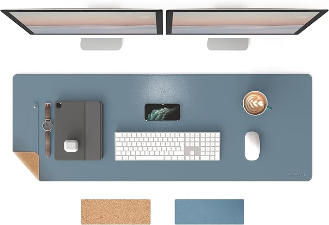 RENMTURE Dual - Sided Mouse Pad, Natural Cork & PU Leather Large Desk Pad for Office and Home Work, Desk Protector Non - Slip, Waterproof, Easy Clean (Blue Gray,47"x17") | Mouse Pads - TrueDesk