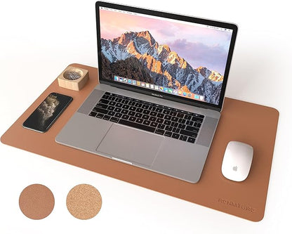 RENMTURE Dual - Sided Mouse Pad, Natural Cork & PU Leather Large Desk Pad for Office and Home Work, Desk Protector Non - Slip, Waterproof, Easy Clean (Brown, 23.6" x 13.7") | Mouse Pads - TrueDesk