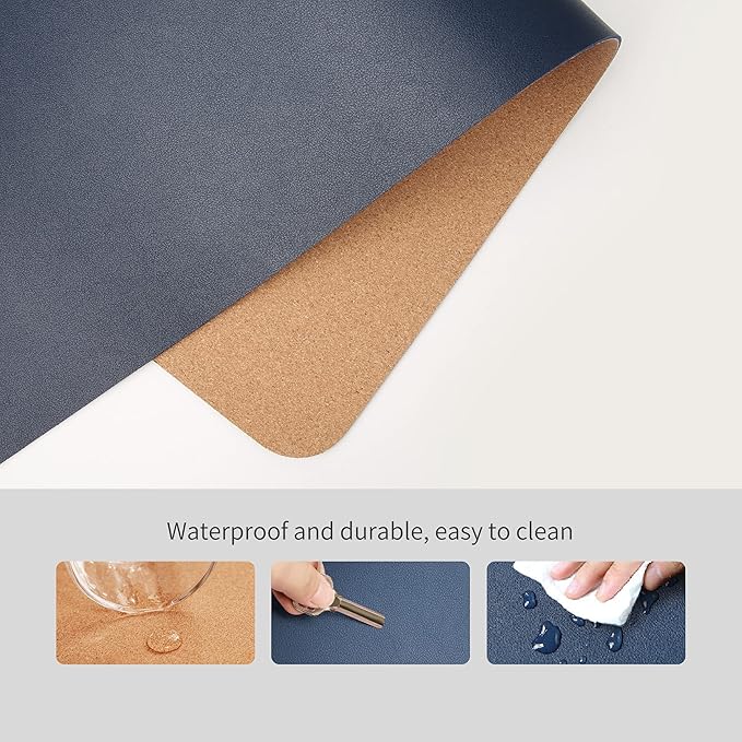 RENMTURE Dual - Sided Mouse Pad, Natural Cork & PU Leather Large Desk Pad for Office and Home Work, Desk Protector Non - Slip, Waterproof, Easy Clean (Dark Blue, 23.6" x 13.7") | Mouse Pads - TrueDesk