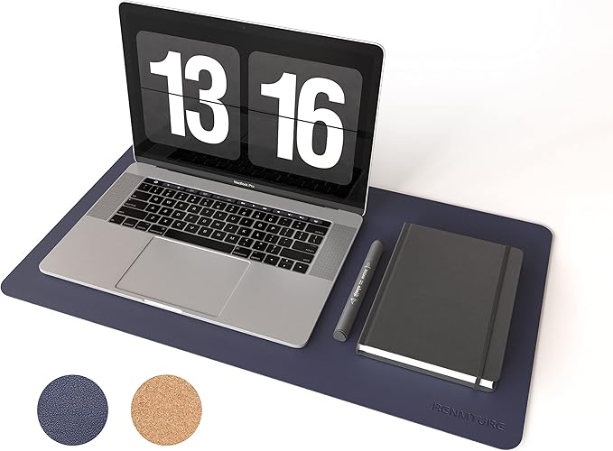 RENMTURE Dual - Sided Mouse Pad, Natural Cork & PU Leather Large Desk Pad for Office and Home Work, Desk Protector Non - Slip, Waterproof, Easy Clean (Dark Blue, 23.6" x 13.7") | Mouse Pads - TrueDesk