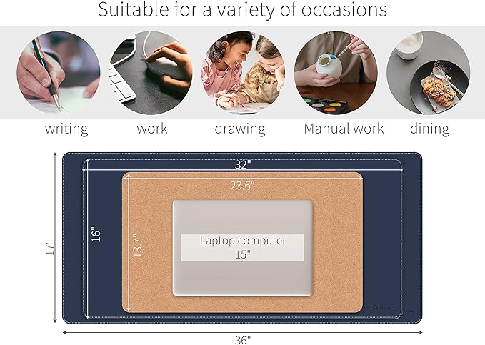 RENMTURE Dual - Sided Mouse Pad, Natural Cork & PU Leather Large Desk Pad for Office and Home Work, Desk Protector Non - Slip, Waterproof, Easy Clean (Dark Blue, 32"x16") | Mouse Pads - TrueDesk