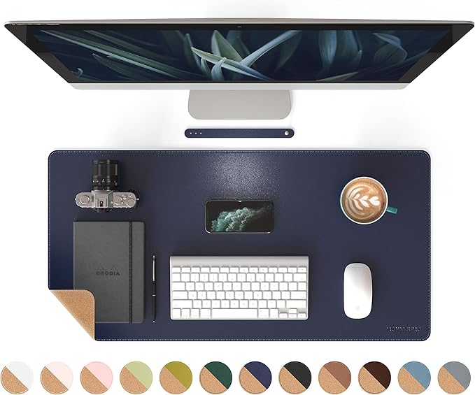 RENMTURE Dual - Sided Mouse Pad, Natural Cork & PU Leather Large Desk Pad for Office and Home Work, Desk Protector Non - Slip, Waterproof, Easy Clean (Dark Blue, 32"x16") | Mouse Pads - TrueDesk