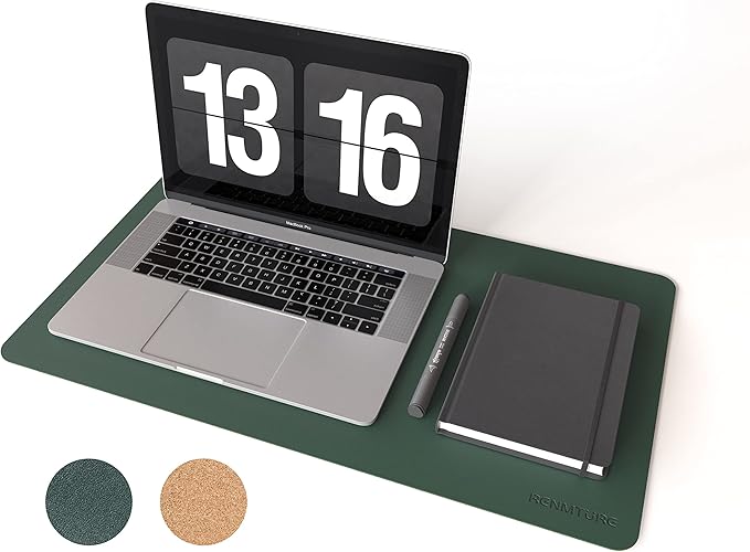 RENMTURE Dual - Sided Mouse Pad, Natural Cork & PU Leather Large Desk Pad for Office and Home Work, Desk Protector Non - Slip, Waterproof, Easy Clean (Dark Green, 23.6" x 13.7") | Mouse Pads - TrueDesk
