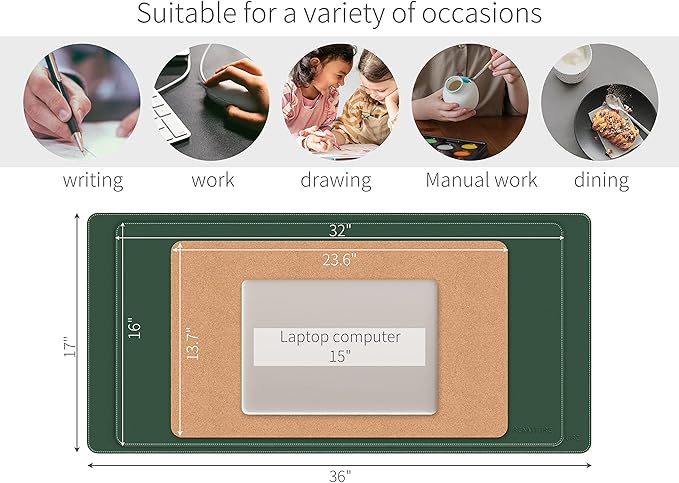 RENMTURE Dual - Sided Mouse Pad, Natural Cork & PU Leather Large Desk Pad for Office and Home Work, Desk Protector Non - Slip, Waterproof, Easy Clean (Dark Green, 32"x16") | Mouse Pads - TrueDesk