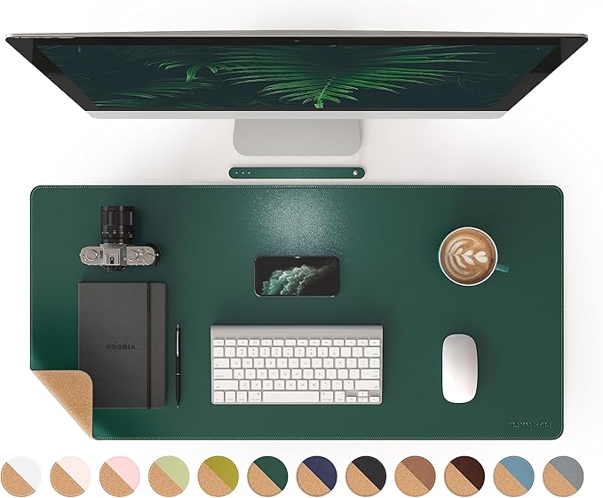 RENMTURE Dual - Sided Mouse Pad, Natural Cork & PU Leather Large Desk Pad for Office and Home Work, Desk Protector Non - Slip, Waterproof, Easy Clean (Dark Green, 36"x17") | Mouse Pads - TrueDesk