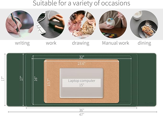 RENMTURE Dual - Sided Mouse Pad, Natural Cork & PU Leather Large Desk Pad for Office and Home Work, Desk Protector Non - Slip, Waterproof, Easy Clean (Dark Green, 47"x17") | Mouse Pads - TrueDesk