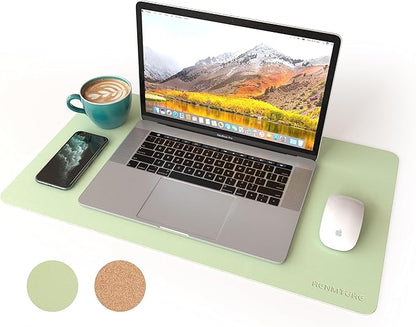 RENMTURE Dual - Sided Mouse Pad, Natural Cork & PU Leather Large Desk Pad for Office and Home Work, Desk Protector Non - Slip, Waterproof, Easy Clean (Light Green, 23.6" x 13.7") | Mouse Pads - TrueDesk