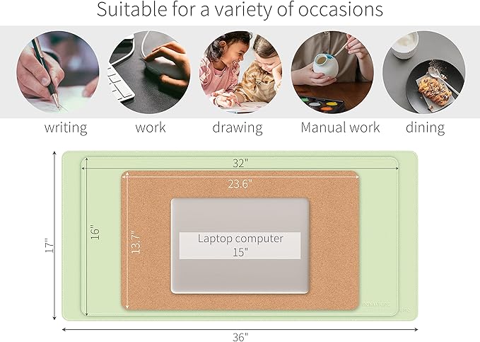 RENMTURE Dual - Sided Mouse Pad, Natural Cork & PU Leather Large Desk Pad for Office and Home Work, Desk Protector Non - Slip, Waterproof, Easy Clean (Light Green, 23.6" x 13.7") | Mouse Pads - TrueDesk