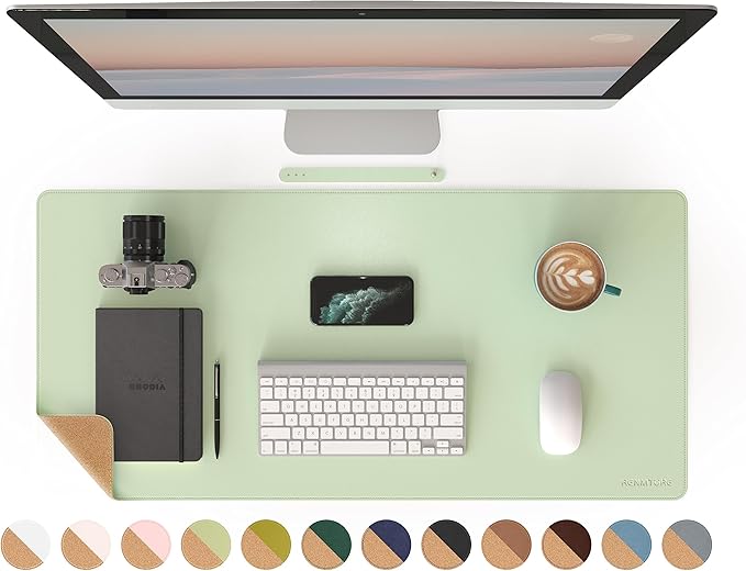 RENMTURE Dual - Sided Mouse Pad, Natural Cork & PU Leather Large Desk Pad for Office and Home Work, Desk Protector Non - Slip, Waterproof, Easy Clean (Light Green, 36"x17") | Mouse Pads - TrueDesk