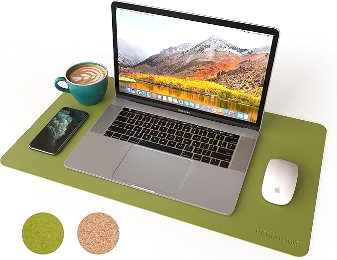 RENMTURE Dual - Sided Mouse Pad, Natural Cork & PU Leather Large Desk Pad for Office and Home Work, Desk Protector Non - Slip, Waterproof, Easy Clean (Olive Green, 23.6" x 13.7") | Mouse Pads - TrueDesk