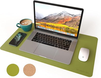 RENMTURE Dual - Sided Mouse Pad, Natural Cork & PU Leather Large Desk Pad for Office and Home Work, Desk Protector Non - Slip, Waterproof, Easy Clean (Olive Green, 23.6" x 13.7") | Mouse Pads - TrueDesk