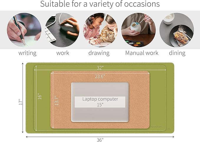RENMTURE Dual - Sided Mouse Pad, Natural Cork & PU Leather Large Desk Pad for Office and Home Work, Desk Protector Non - Slip, Waterproof, Easy Clean (Olive Green, 32"x16") | Mouse Pads - TrueDesk