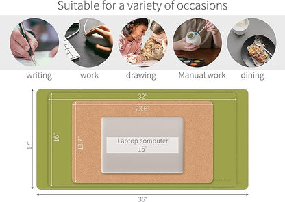 RENMTURE Dual - Sided Mouse Pad, Natural Cork & PU Leather Large Desk Pad for Office and Home Work, Desk Protector Non - Slip, Waterproof, Easy Clean (Olive Green, 32"x16") | Mouse Pads - TrueDesk