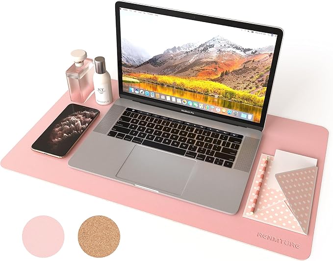 RENMTURE Dual - Sided Mouse Pad, Natural Cork & PU Leather Large Desk Pad for Office and Home Work, Desk Protector Non - Slip, Waterproof, Easy Clean (Pink, 23.6" x 13.7") | Mouse Pads - TrueDesk
