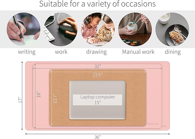 RENMTURE Dual - Sided Mouse Pad, Natural Cork & PU Leather Large Desk Pad for Office and Home Work, Desk Protector Non - Slip, Waterproof, Easy Clean (Pink, 36"x17") | Mouse Pads - TrueDesk