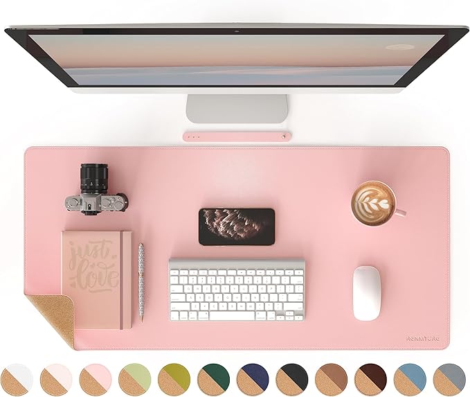RENMTURE Dual - Sided Mouse Pad, Natural Cork & PU Leather Large Desk Pad for Office and Home Work, Desk Protector Non - Slip, Waterproof, Easy Clean (Pink, 36"x17") | Mouse Pads - TrueDesk
