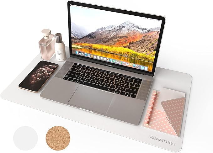 RENMTURE Dual - Sided Mouse Pad, Natural Cork & PU Leather Large Desk Pad for Office and Home Work, Desk Protector Non - Slip, Waterproof, Easy Clean (White, 23.6" x 13.7") | Mouse Pads - TrueDesk