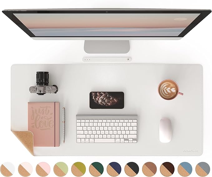 RENMTURE Dual - Sided Mouse Pad, Natural Cork & PU Leather Large Desk Pad for Office and Home Work, Desk Protector Non - Slip, Waterproof, Easy Clean (White, 36"x17") | Mouse Pads - TrueDesk