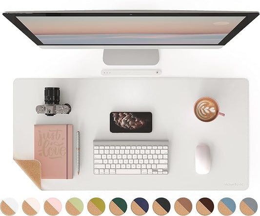 RENMTURE Dual - Sided Mouse Pad, Natural Cork & PU Leather Large Desk Pad for Office and Home Work, Desk Protector Non - Slip, Waterproof, Easy Clean (White, 36"x17") | Mouse Pads - TrueDesk