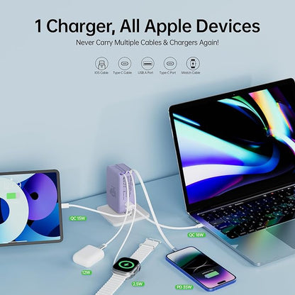 Retractable Apple Watch Charger, 5 in 1 Travel Charging Station for Apple Devices, Retractable Chargers for Multiple Devices with Multi Charging Cable, Charger Block for Apple Gear (Purple) | Charging Stations - TrueDesk