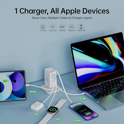 Retractable Apple Watch Charger, 5 in 1 Travel Charging Station for Apple Devices, Retractable Chargers for Multiple Devices with Multi Charging Cable, Charger Block for Apple Gear (White) | Charging Stations - TrueDesk
