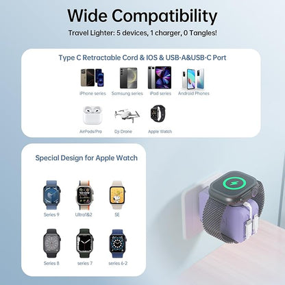 Retractable Apple Watch Charger, 5 in 1 Travel Charging Station for Apple Devices, Retractable Chargers for Multiple Devices with Multi Charging Cable, Charger Block for Apple Gear (Purple) | Charging Stations - TrueDesk