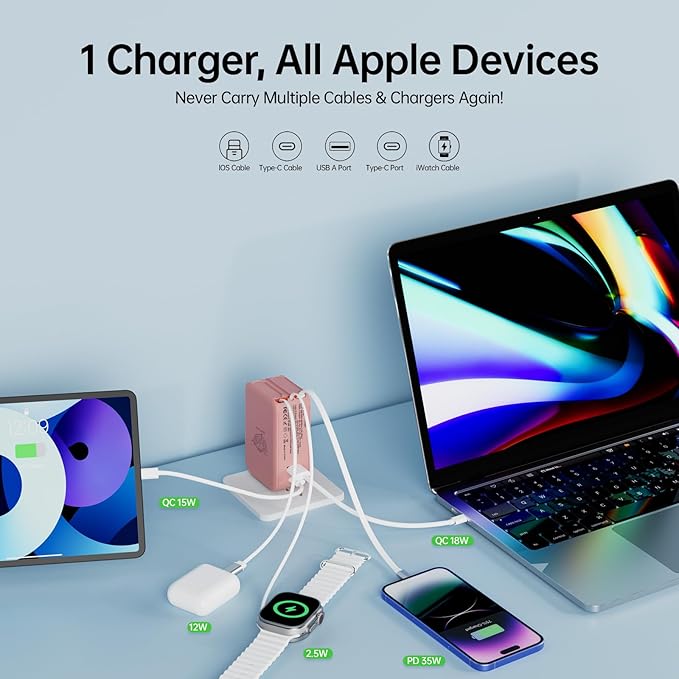 Retractable Apple Watch Charger, 5 in 1 Travel Charging Station for Apple Devices, Retractable Chargers for Multiple Devices with Multi Charging Cable, Charger Block for Apple Gear (Pink) | Charging Stations - TrueDesk