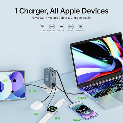 Retractable Apple Watch Charger, 5 in 1 Travel Charging Station for Apple Devices, Retractable Chargers for Multiple Devices with Multi Charging Cable, Charger Block for Apple Gear (Grey) | Charging Stations - TrueDesk