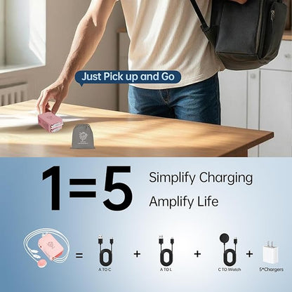 Retractable Apple Watch Charger, 5 in 1 Travel Charging Station for Apple Devices, Retractable Chargers for Multiple Devices with Multi Charging Cable, Charger Block for Apple Gear (Pink) | Charging Stations - TrueDesk