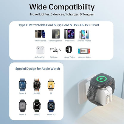 Retractable Apple Watch Charger, 5 in 1 Travel Charging Station for Apple Devices, Retractable Chargers for Multiple Devices with Multi Charging Cable, Charger Block for Apple Gear (White) | Charging Stations - TrueDesk