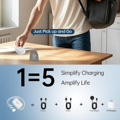Retractable Apple Watch Charger, 5 in 1 Travel Charging Station for Apple Devices, Retractable Chargers for Multiple Devices with Multi Charging Cable, Charger Block for Apple Gear (White) | Charging Stations - TrueDesk