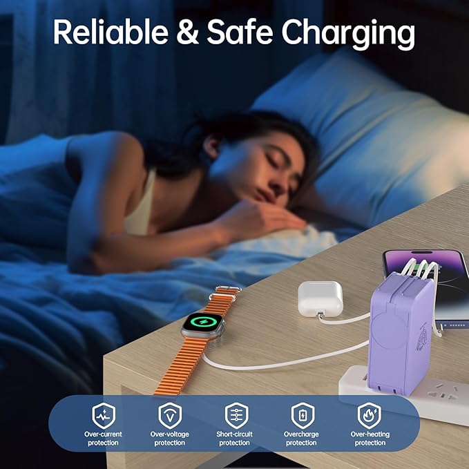 Retractable Apple Watch Charger, 5 in 1 Travel Charging Station for Apple Devices, Retractable Chargers for Multiple Devices with Multi Charging Cable, Charger Block for Apple Gear (Purple) | Charging Stations - TrueDesk
