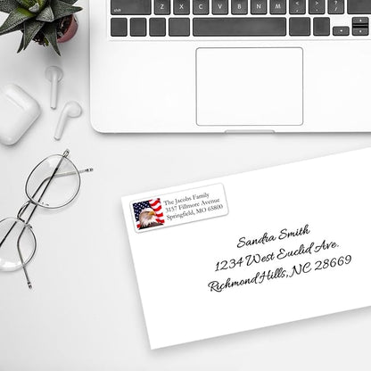 Return Address Labels American USA Flag & Eagle - Custom Mailing Return Address Labels/Stickers for Envelopes, Easy Peel and Stick, Permanent Rectangle Labels (White) Made in The USA (Set of 60) | Address Labels - TrueDesk