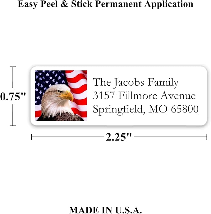Return Address Labels American USA Flag & Eagle - Custom Mailing Return Address Labels/Stickers for Envelopes, Easy Peel and Stick, Permanent Rectangle Labels (White) Made in The USA (Set of 60) | Address Labels - TrueDesk