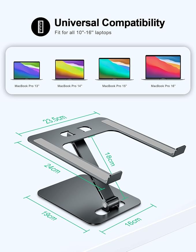 RIWUCT Foldable Laptop Stand, Height Adjustable Ergonomic Computer Stand for Desk, Aluminum Portable Laptop Riser Holder Notebook Mount Compatible with MacBook Pro Air, HP, Dell 10 - 16"(Gray) | Stands - TrueDesk