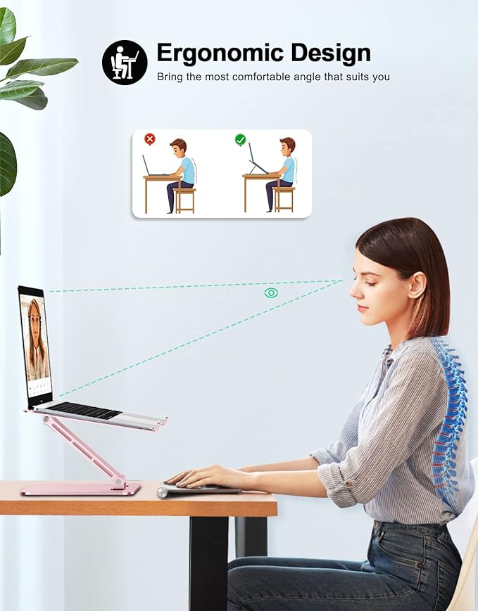 RIWUCT Foldable Laptop Stand, Height Adjustable Ergonomic Computer Stand for Desk, Aluminum Portable Laptop Riser Holder Notebook Mount Compatible with MacBook Pro Air, HP, Dell 10 - 16"(Rose Gold) | Stands - TrueDesk